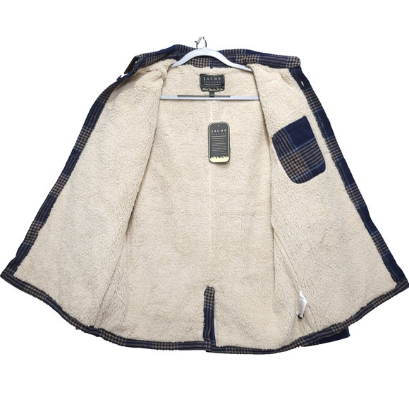 Jachs NY Sherpa Lined Blue Plaid‎ Shirt Jacket Wool Blend Men L Buttons Pockets - Picture 14 of 16